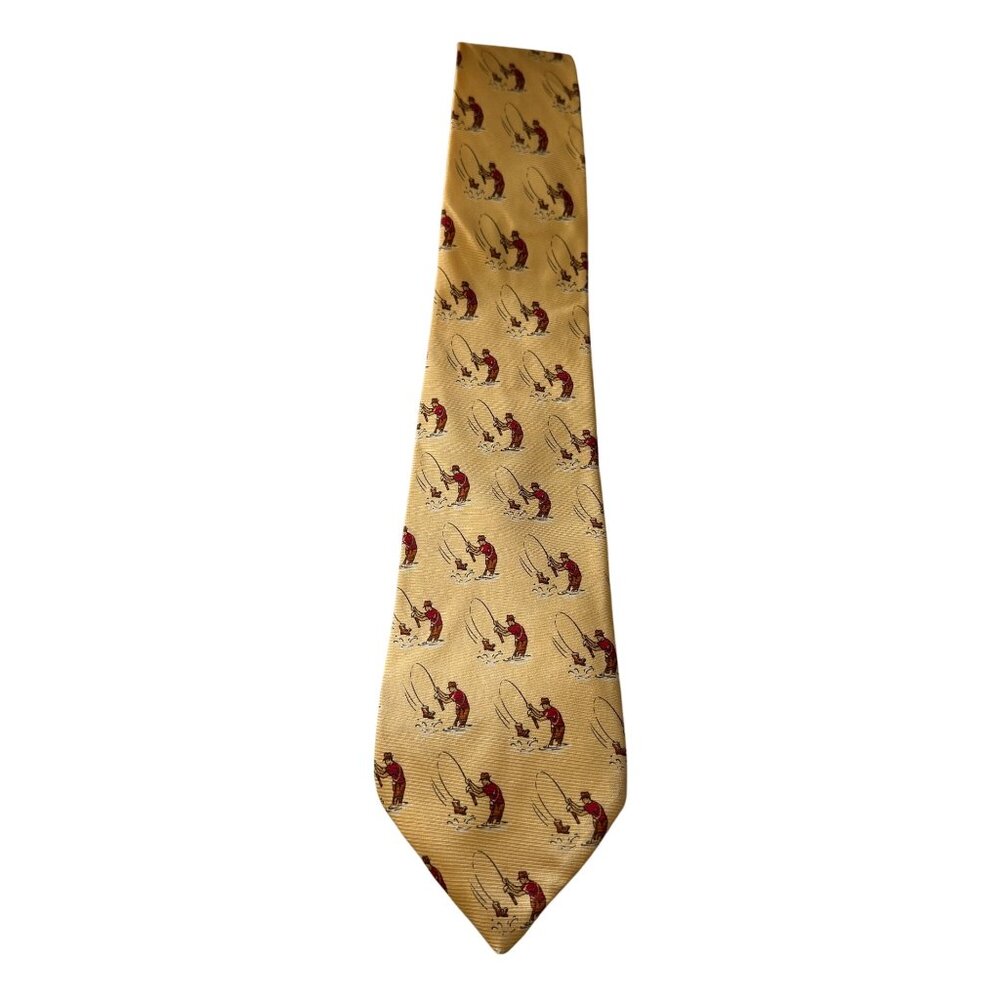 Lauren Ralph Lauren 100% Silk Yellow Fisherman Print Hand Finished USA Made Tie